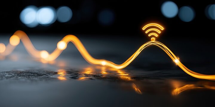 Abstract glowing orange wave with wifi symbol on dark background.