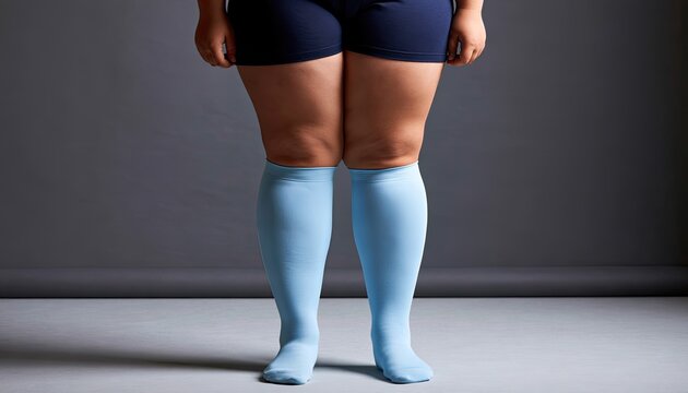 Full Body Shot of Woman Wearing Light Blue Compression Socks.