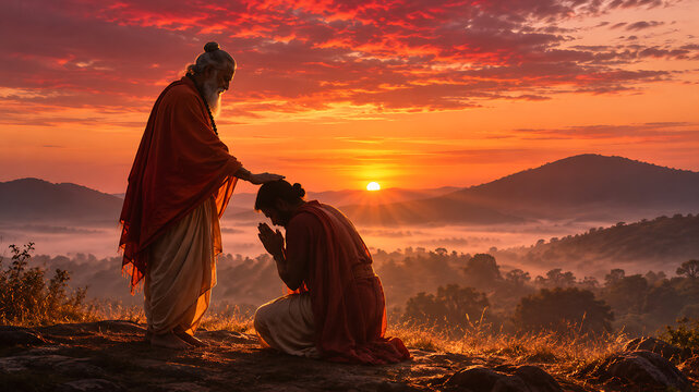 Guru purnima spiritual teacher blessing bowed disciple above misty valley during hindu religious festival with sunrise celebrating devotion faith wisdom reverence and enlightenment