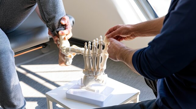 Medical professionals examining a human foot skeleton model in a bright room.