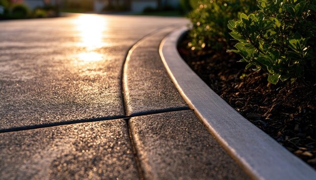Sunlight Reflecting on a Stamped Concrete Driveway with Lush Green Landscaping.