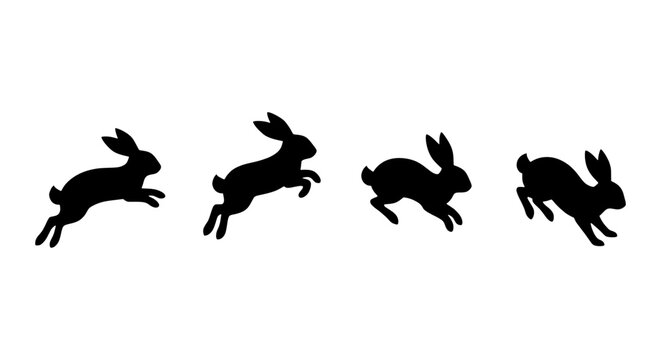 Leaping Rabbit Silhouettes, Dynamic Animal Motion Sequence, Black Vector Graphics