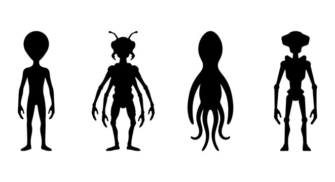 Alien Silhouettes, Extraterrestrial Beings, Sci-Fi Characters, Space Creatures, Vector Icons