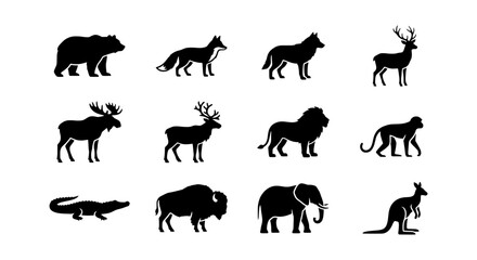 Obraz premium Wild Animal Silhouettes Collection, Diverse Wildlife Icons, Mammal and Reptile Vector Set