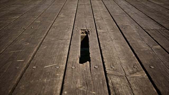 Ultra Detailed Weathered Wooden Boardwalk Surface Featuring a Single Damaged Plank Opening with Natural Rustic Texture in High Resolution