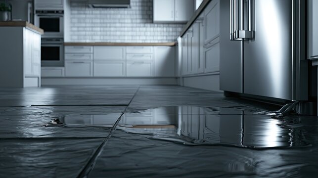 Kitchen Floor Flooded With Water Damage and Appliance Leak.