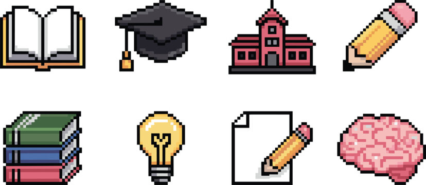 Pixel art school education icon set featuring graduation cap books pencil bulb and brain vector illustration for game asset