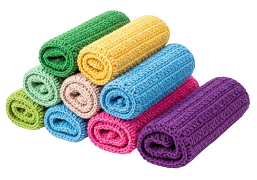 Stack of colorful soft microfiber cleaning towels rolled into small neat cylinders isolated on transparent background