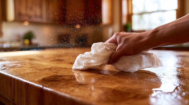 Close-up of a hand wiping a wet wooden countertop with a cloth.