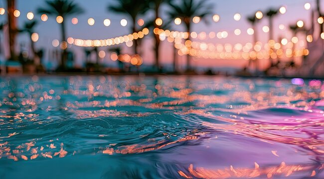 Tropical Resort Poolside Evening Ambiance with String Lights.