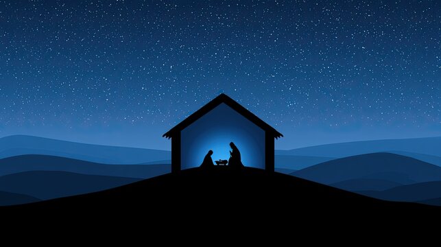 Silhouette Nativity Scene Under Starry Night Sky.