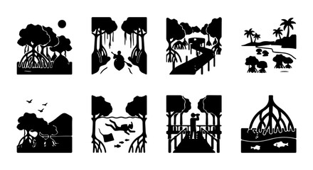 Obraz premium Mangrove Ecosystem Silhouettes, Tropical Coastal Nature Scenes, Wetland Biodiversity Illustrations