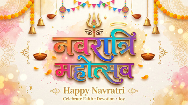 Shubh Navratri Mahotsav Greeting Banner with Decorative Hindi Typography, Trishul, Diyas and Festive Background