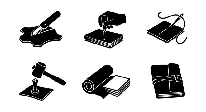 Leather Crafting Icons Set: Cutting, Punching, Sewing, Stamping, Rolling, Binding Tools