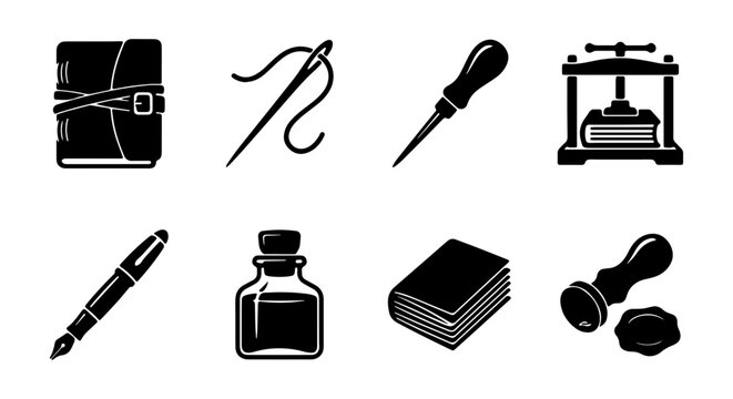 Bookbinding Tools and Supplies Vector Icons: Journal, Needle, Inkwell, Press, Stamp