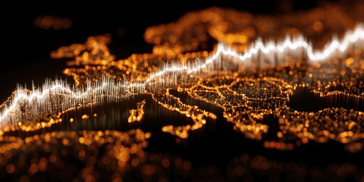 Abstract glowing map of Europe at night with data visualization overlay.