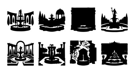 Obraz premium Elegant Garden Fountains, Ornate Water Features, Architectural Landscape Elements, Silhouette Vector Set