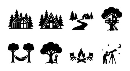 Obraz premium Outdoor Recreation Icons: Camping, Glamping, Nature, Astronomy, Relaxation, Adventure