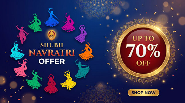 Shubh Navratri Festival Sale Banner with Garba Dancers, 70 Percent Discount Badge and Festive Background