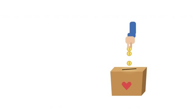 Hand donating coin into cardboard box, flat design animation