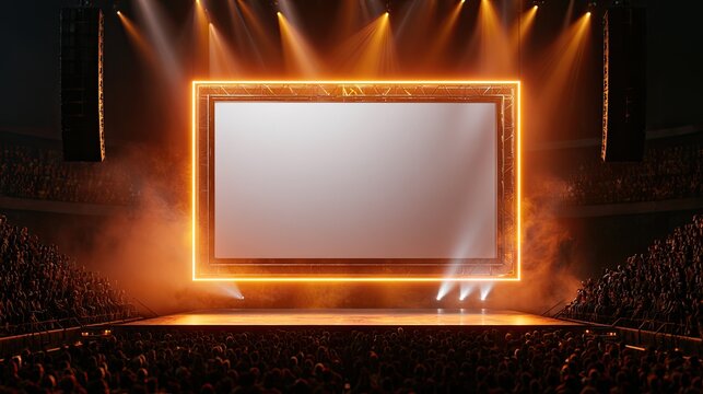 Illuminated Stage Screen with Dramatic Lighting and Audience.