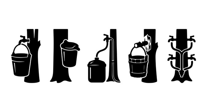 Maple Sap Collection Icons, Tree Tapping Set, Rural Harvest Vector Graphics