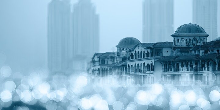 Misty blue cityscape with modern buildings and classical architecture reflected in water.