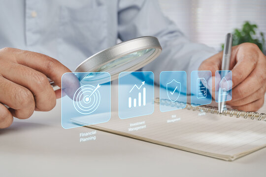 Integrated Wealth Management Concept with Financial Planning, Investment Strategy, Risk Management, Tax Planning and Estate Planning Icons, Business Workspace for Holistic Financial Advisory Services