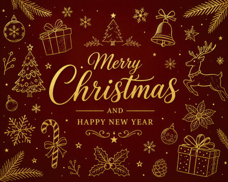 Merry christmas gold hand drawn elements on a dark red background