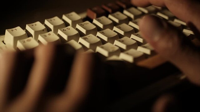 Close-up of a person typing on a mechanical computer keyboard in warm low light