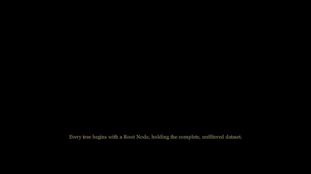 2D animation illustrating decision tree architecture with data branching nodes, decision path splits, and classification flow