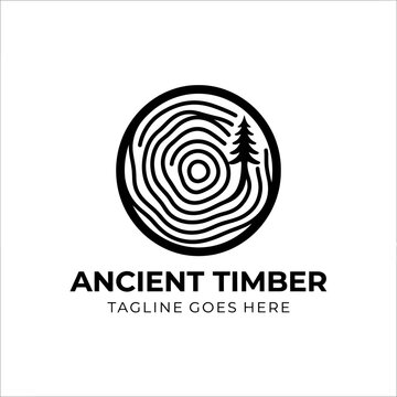 Circular wood grain logo featuring a tree silhouette representing growth and environmental timber.