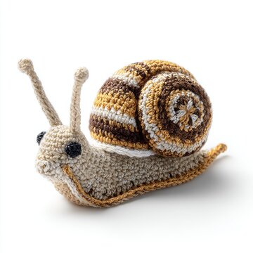 Cute Handmade Crochet Snail Toy With Brown And Beige Yarn Texture Isolated On White Background