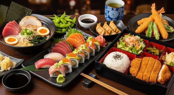 Assorted sushi platter with fresh seafood and vegetables. Japanese cuisine presentation for dining and takeaway.