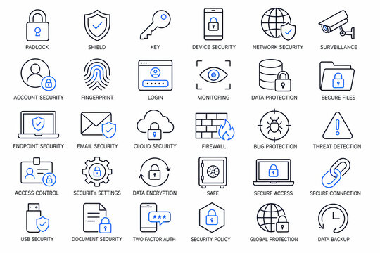 Set of modern blue and black line icons for business and technology