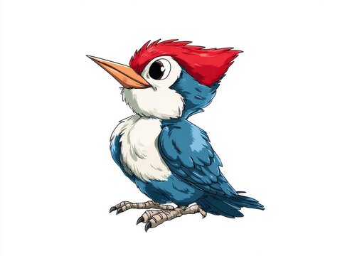 Cute Little Woodpecker Pixel Art Illustration With Vibrant Blue And Red Feathers On White Background