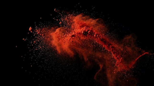 Red powder explosion against dark black background.