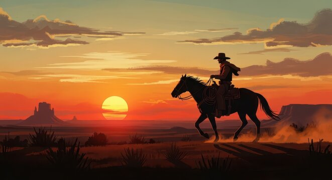 Cowboy riding horse at sunset. Western rider in open plains during golden hour, capturing adventure and freedom.