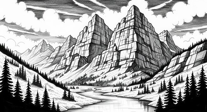 Majestic mountain landscape with river and pine trees. Scenic nature scene for travel and outdoor projects.