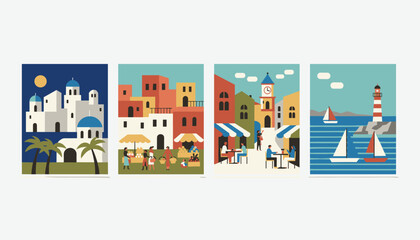 Fototapeta premium Set of four beautiful Mediterranean travel art prints showing Greek coastal town marketplace outdoor cafe and lighthouse.