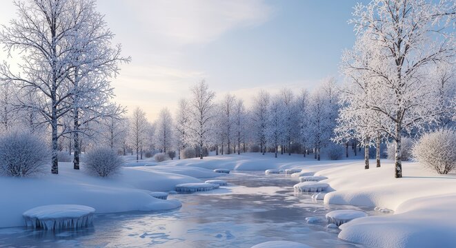 Snowy winter landscape with frozen river and snow-covered trees. Scenic outdoor scene capturing cold weather serenity.