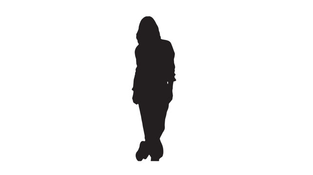 Black silhouette of a standing person wearing a hoodie isolated on a white background