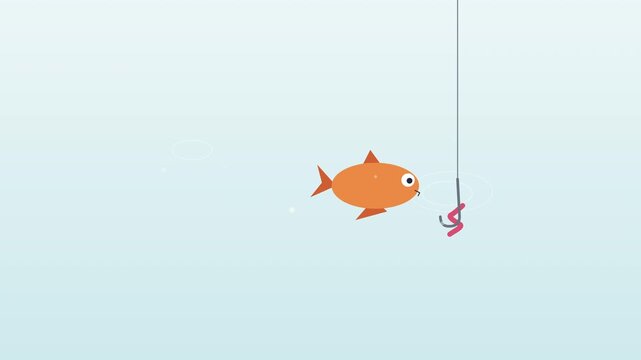 Animated fish swims towards fishing hook with worm bait, getting caught, flat design