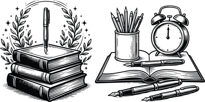 Isometric education and school icons set featuring geometry tools books globe house paintbrush and magnifying glass in blue line art style isolated on white background.