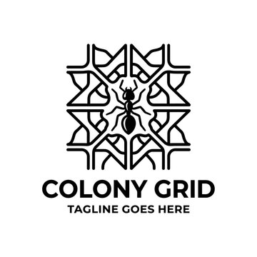 Stylized ant within a symmetrical geometric frame, representing teamwork and colonial structure for micro-engineering brands.