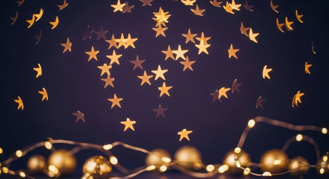 Decorative golden stars and moon hanging in the night sky. Festive celestial decor for celebrations.