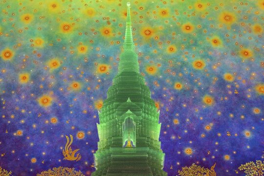 In the emerald green silence of Wat Paknam Phasi Charoen, the glass chedi rises like a glowing heart of light. Golden pillars support a cosmic ceiling that plunges the room into a sense of infinity. The wall paintings tell of Buddha's path to enlightenment and combine earthly beauty with spiritual depth that makes this place so unique, Phasi Charoen district, Thonburi, Bangkok, Thailand