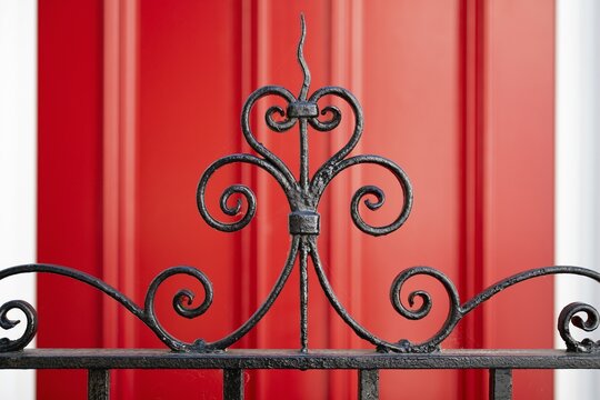 Close-up of an elegant curved metal grid in the foreground and red door in the background, Chelsea, London, Great Britain, England, Great Britain