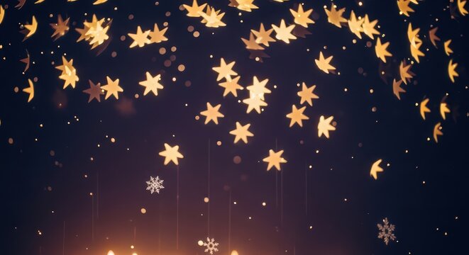 Festive golden star confetti falling in celebration. Sparkling decorative elements for holiday events.