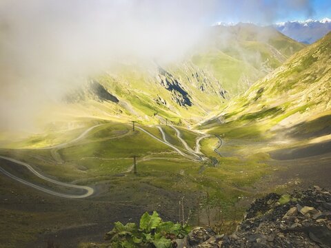 Scenic Tusheti serpentine road in Georgia. Most dangerous roads world concept.Georgia
